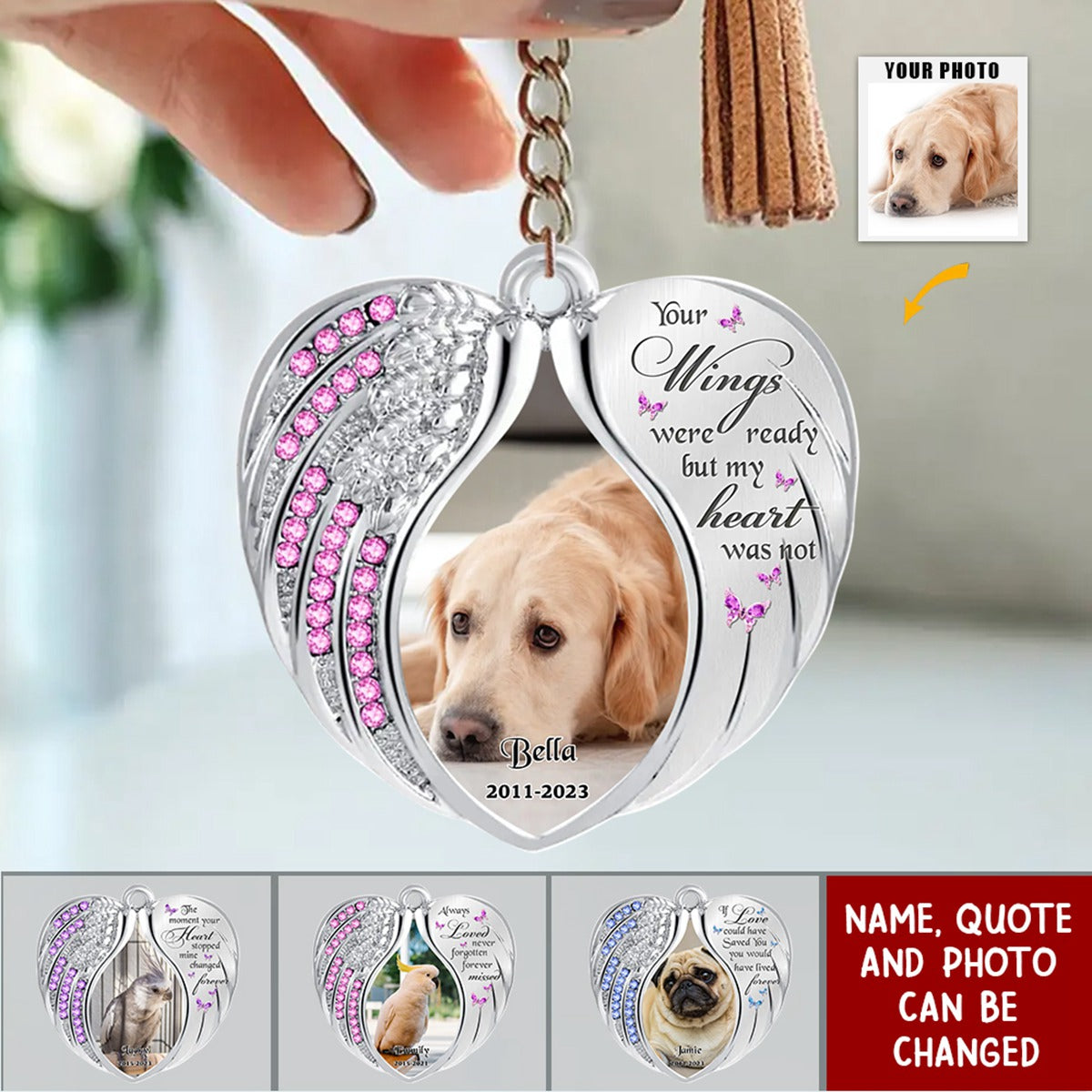 Your Wings Were Ready But My Heart Was Not - Personalized Memorial Heart Acrylic Photo Keychain