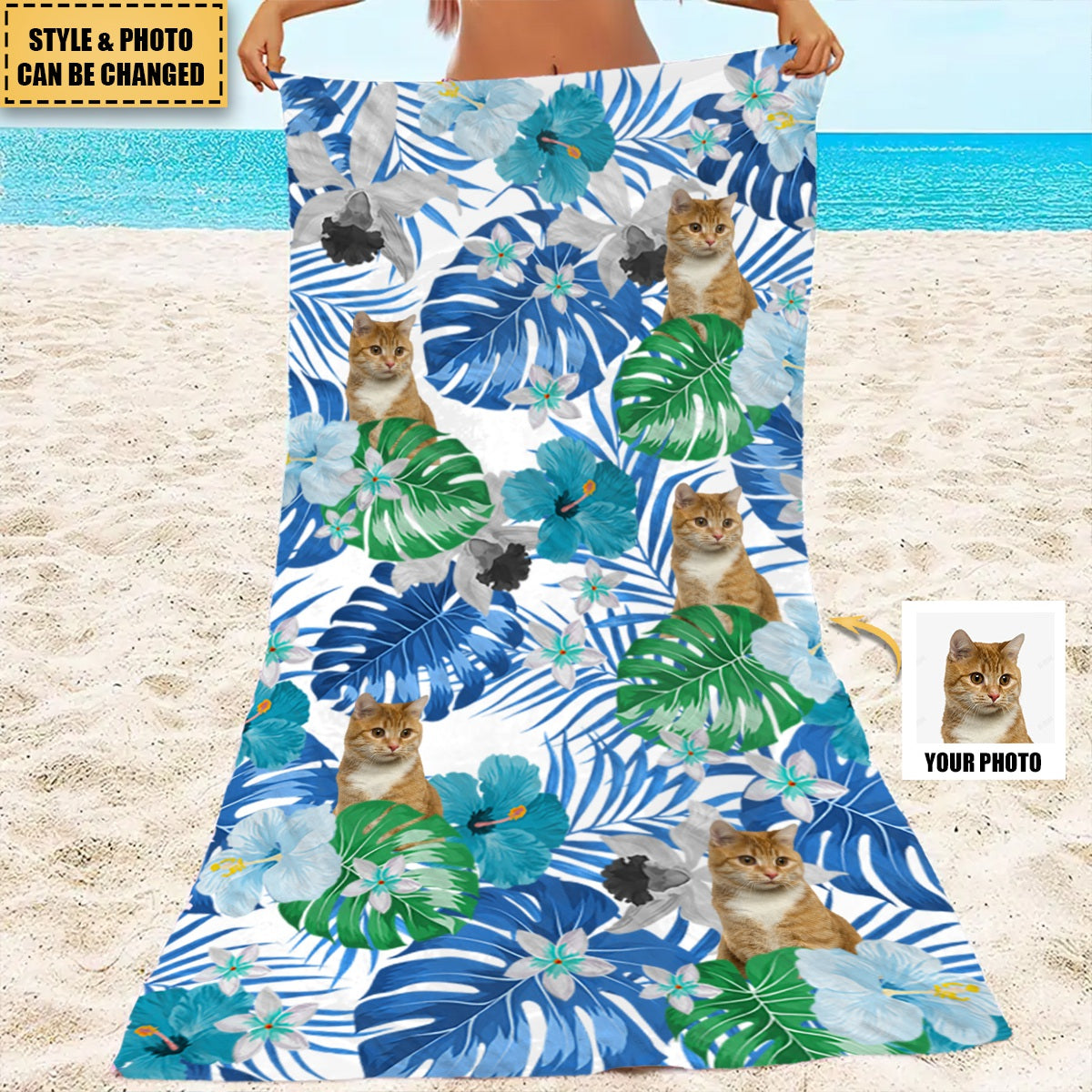 Cat Dog Kid Photo Tropical Style Personalized Beach Towel