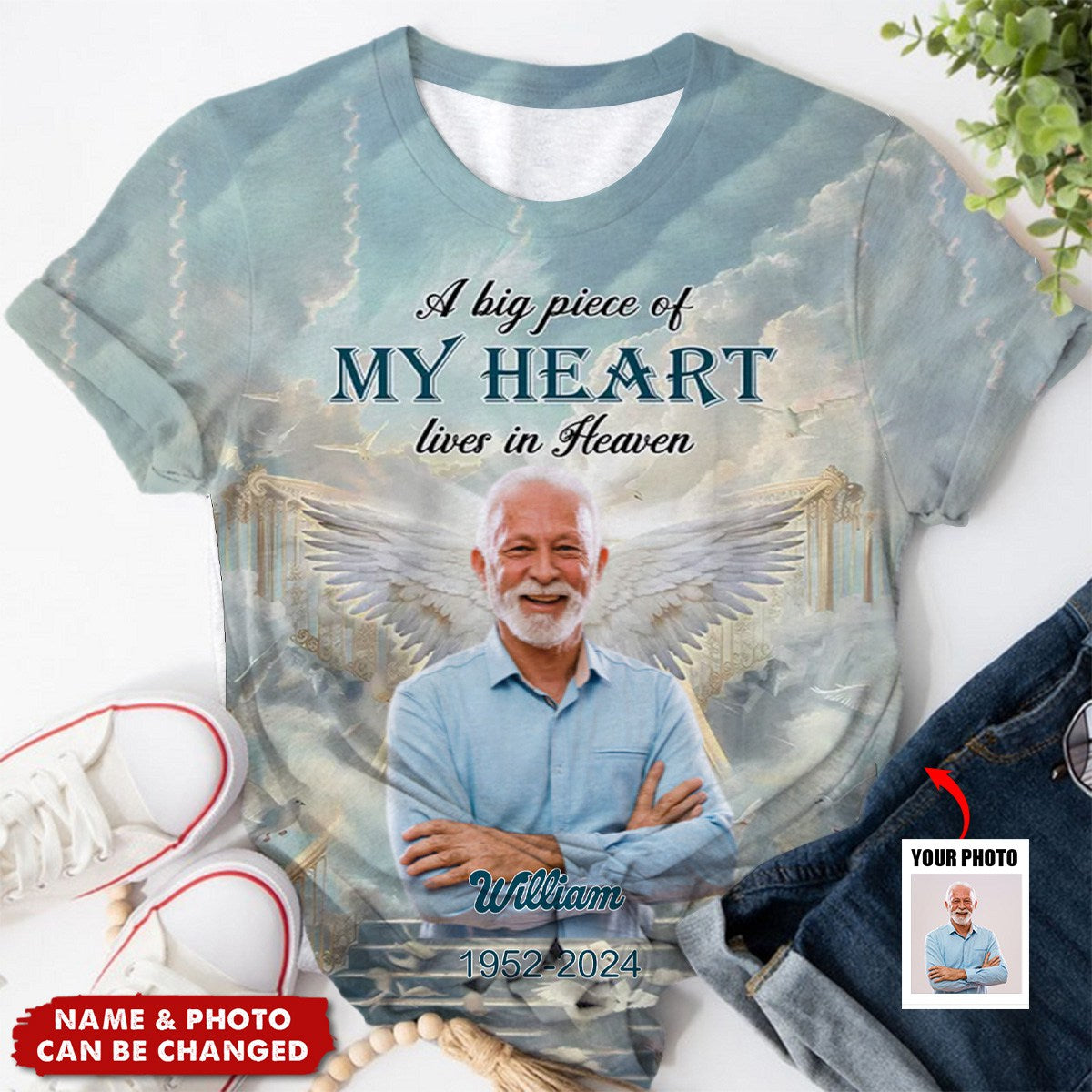 Heavenly Staircase Upload Photo Angel Wings, A Big Piece Of My Heart Lives In Heaven Personalized 3D T-Shirt